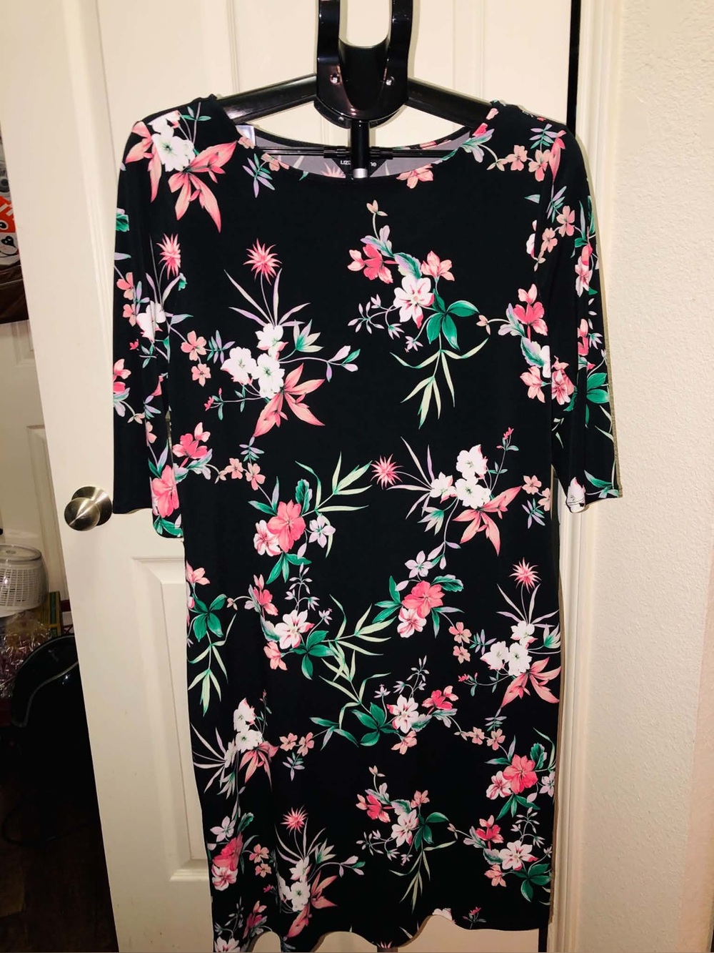 Liz Claiborne Black Midi Dress with Pink & Green Floral Print